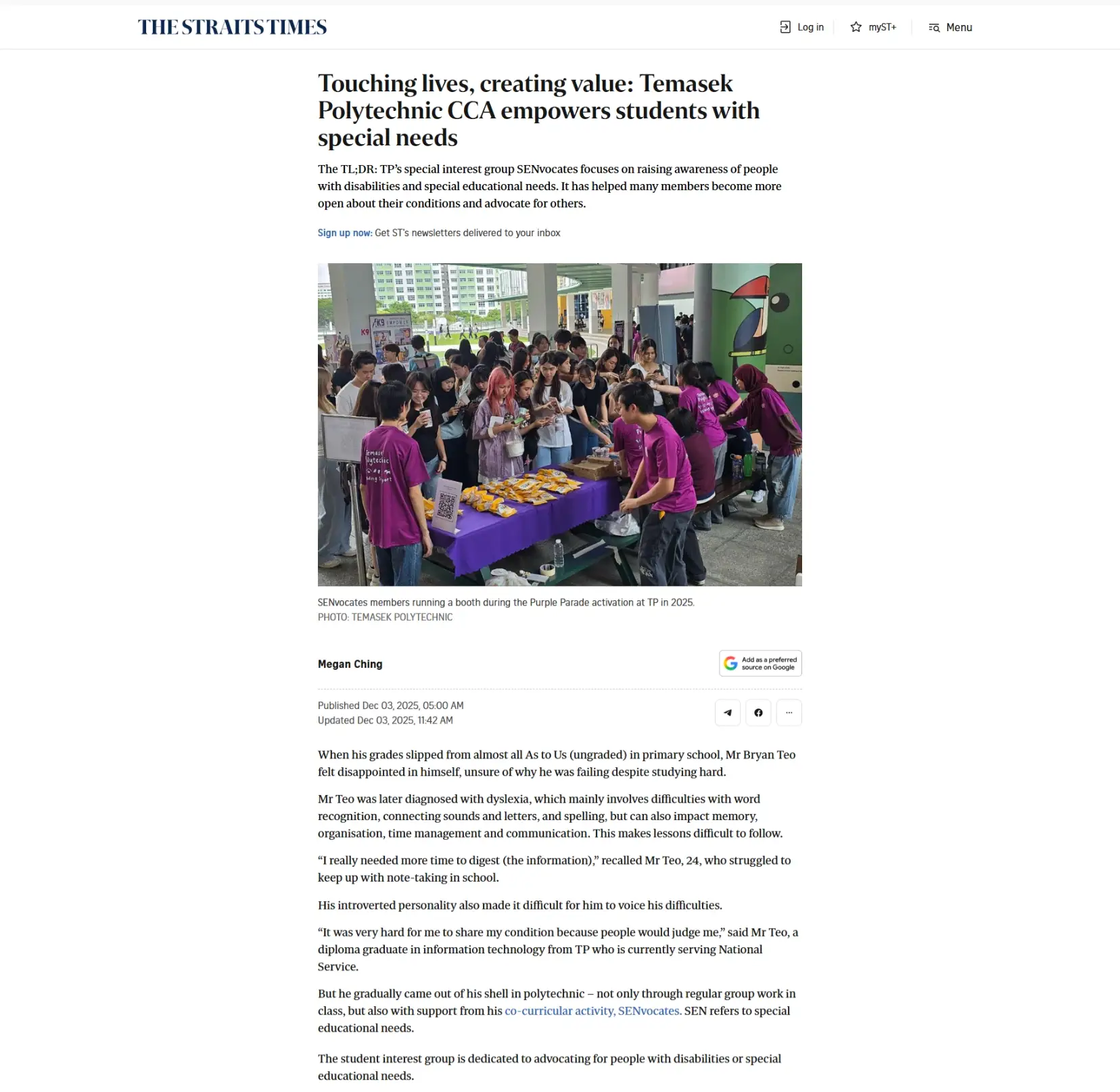 Touching lives, creating value: Temasek Polytechnic CCA empowers students with special needs